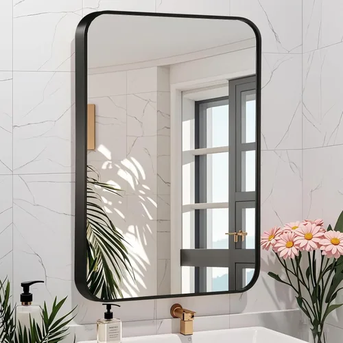 Vista 25 de Espejo de pared negro de 16 x 24 pulgadas para baño, espejo con marco de metal cepillado con esquina redondeada, espejo rectangular de tocador
