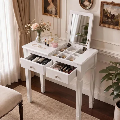 Vista 14 de Escritorio pequeño con juego de taburetes, mesa de tocador de maquillaje con espejo abatible y taburete tapizado, tocadores de madera maciza con 2
