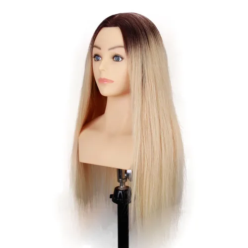 Vista 5 de Cabeza de maniquí de cabello humano con hombros y plataforma de 24 a 26 pulgadas, muñeca femenina, maniquí de entrenamiento, cabeza de maniquí