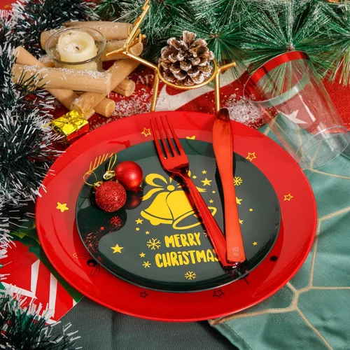Vista 8 de WDF 175 piezas de platos de Navidad de plástico desechables - 25 platos verdes, 25 platos rojos con campanas doradas, 75 cubiertos de plástico