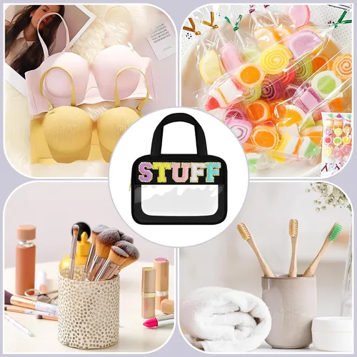 Vista 7 de Bolsa de Maquillaje Transparente con Letras de Chenilla, Bolsa de Cosméticos Preppy Transparente, Bolsas de Snacks Transparentes con Cremallera