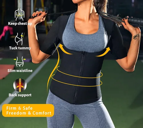 Vista 5 de Chaleco de sauna para mujer, camiseta sin mangas, con cremallera, de compresión, para entrenamiento de cintura