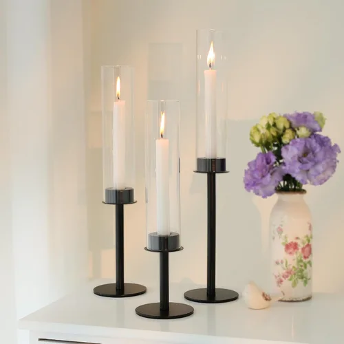 Vista 8 de Ronasip Portavelas Hurricane Juego de 6 Portavelas de Metal para Velas Cónicas de Vidrio Portavelas Altos con Tubo de Chimenea de Cristal Soportes