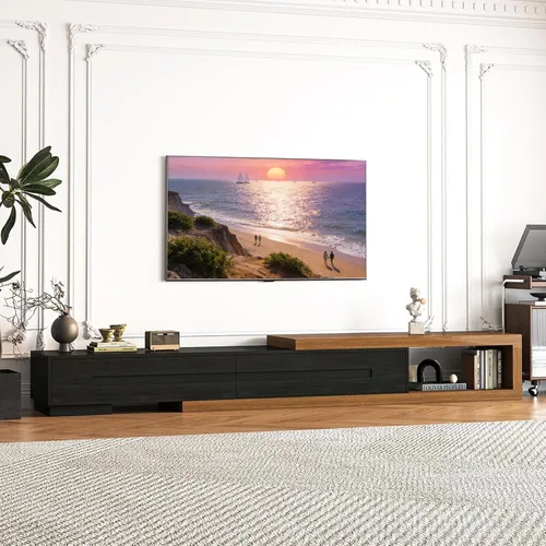 Vista 10 de Soporte de TV extensible con chimenea eléctrica de 71 a 116 pulgadas, moderno centro de entretenimiento con luces LED y toma de corriente para TV