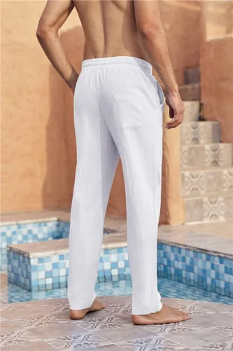 Vista 4 de Karlywindow Pantalones de lino para hombre, casuales, sueltos, ligeros, con cordón, cintura elástica, pantalones de verano para yoga y playa