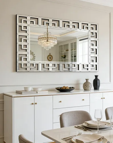 Vista 10 de Espejo de plata griego montado en la pared: marco de cristal biselado 40x28 pulgadas Decoración decorativa de pared con espejo para el hogar
