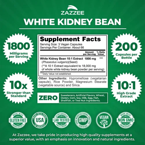 Vista 2 de Zazzee Extracto de frijol blanco 10:1, 1800 mg por porción, 200 cápsulas veganas, suministro para más de 2 meses, Phaseolus vulgaris, soporte