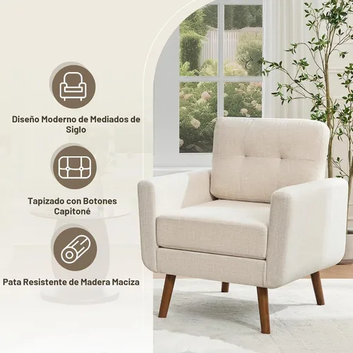 Vista 3 de Tbfit Paquete de 2 sofás individuales de tela de lino, silla decorativa, sillón moderno de mediados de siglo para sala de estar, dormitorio Beige