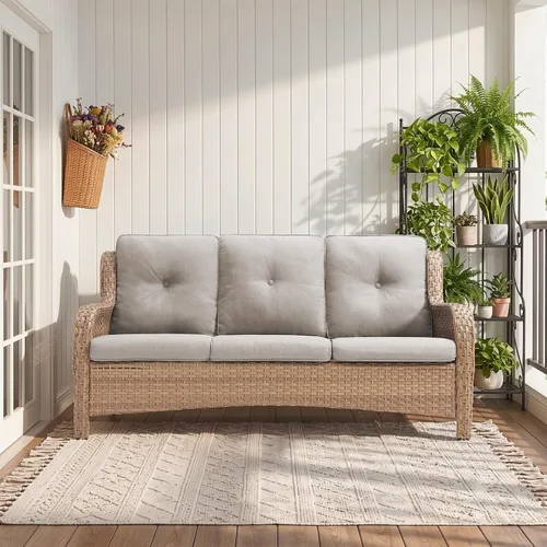 Vista 63 de Rilyson Sofá de mimbre para patio al aire libre, sofá de ratán de 3 asientos con asientos profundos y cómodos cojines para porche exterior, terraza