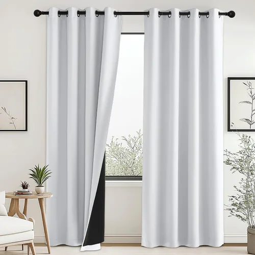 Vista 31 de PONY DANCE Cortinas opacas 100% blancas y negras de 63 pulgadas de largo para sala de estar, estilo moderno, cortinas degradadas con aislamiento