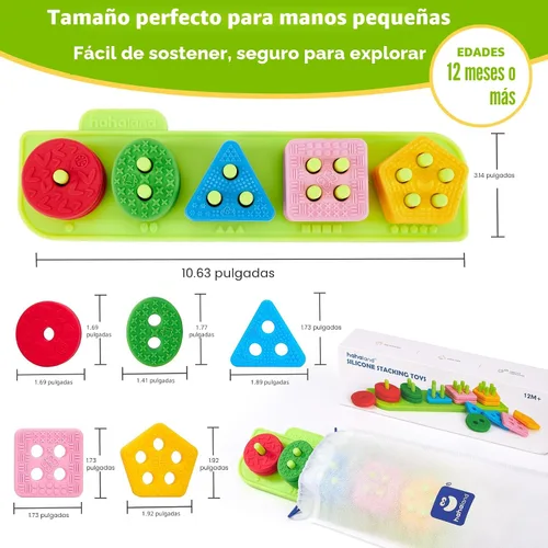 Vista 8 de hahaland Juguetes sensoriales Montessori para clasificar y apilar de silicona para niños de 1 a 3 años, bloques suaves texturizados para clasificar