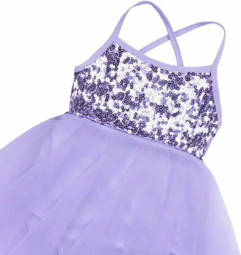 Vista 3 de TiaoBug Niñas Lentejuelas Dobladillo Irregular Baile Latino Traje Lírico Ballet Vestido Leotardo Falda Gasa Brillante Hada Danza