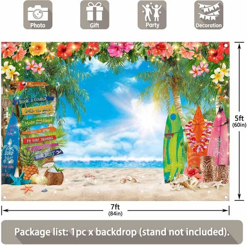 Vista 3 de Fondo de fotografía de playa hawaiana de verano de 7 x 5 pies, flores tropicales, hojas de palma, fondo de tabla de surf para Luau Aloha decoración