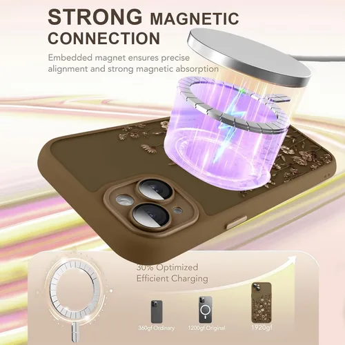 Vista 3 de Funda magnética para iPhone 13 con protector de pantalla [compatible con MagSafe], diseño de patrón floral de flores, a prueba de golpes, para Marrón