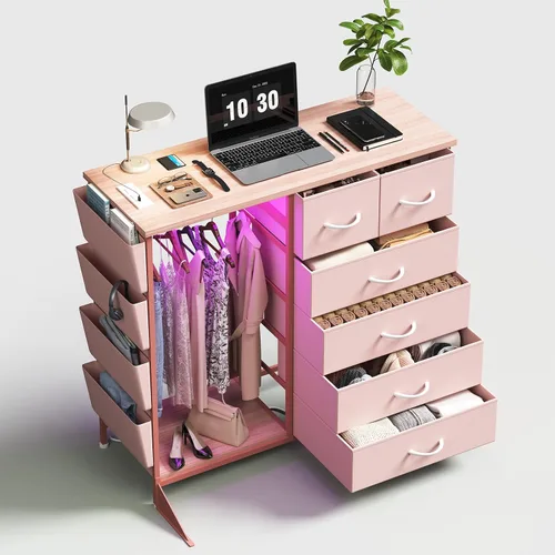 Vista 9 de Cómoda de 6 cajones para dormitorio con perchero para ropa, cómoda para ropa con bolsillos laterales y ganchos, estación de carga y luces LED, parte