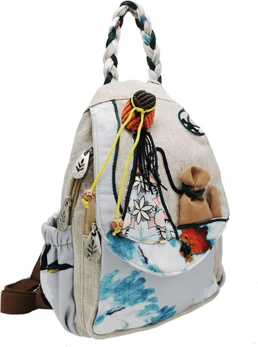 Vista 144 de HUANGGUOSHU Mochila de algodón tejida de algodón bohemio con bordado de lona estilo bohemio con múltiples bolsillos retro linda mochila cartera