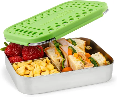 Vista 10 de LunchBots Recipiente de Almuerzo Grande Trio de Acero Inoxidable - Diseño de Tres Secciones para Sándwich y Dos Acompañamientos - Caja de Almuerzo