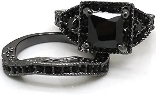 Vista 5 de Juego de anillos de boda de boda de corte princesa ónix negro