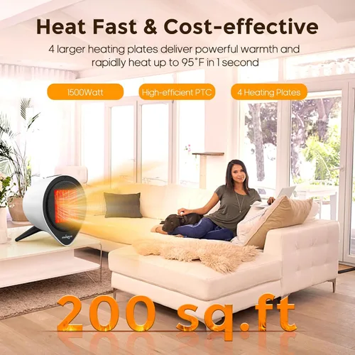 Vista 3 de Calentadores de cerámica pequeños para uso en interiores, calefacción eléctrica PTC de 1500 W con temporizador de 15 horas, protección contra