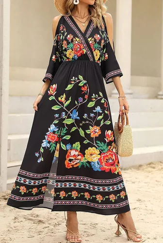 Vista 3 de futurino Vestido midi bohemio con estampado floral para mujer, cuello en V, manga 34, acampanado, con abertura, listo para las vacaciones, tribal