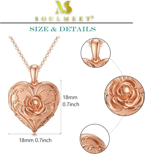 Vista 6 de SOULMEET Collar con medallón de girasol, rosa y margarita, con forma de corazón que sostiene fotos y mantiene a alguien cerca de ti, plata