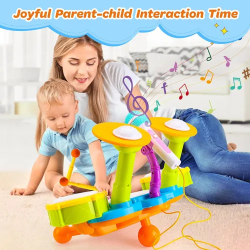 Vista 6 de Juego de batería para niños pequeños de 1 a 3 años, juguetes musicales para bebés de 1 año, regalos para niños, juguetes Montessori para niñas