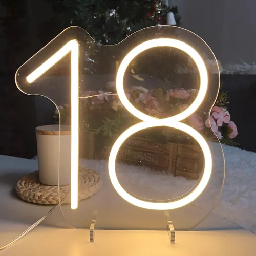 Vista 14 de Número de mesa de cumpleaños de un año de edad, lámpara de escritorio, luz nocturna, letra de boda, letrero de neón LED, decoración de mesa de boda