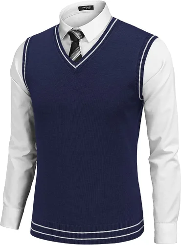 Vista 7 de COOFANDY Suéter sin mangas para hombre, chaleco con cuello en V, jersey de algodón sólido Azul claro
