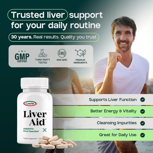 Vista 7 de Liverite Liver Aid 120 tabletas, soporte hepático, limpieza hepática, cuidado hepático, función hepática, energía.