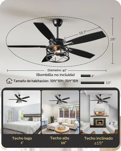 Vista 8 de EDISHINE - Ventilador de techo de granja negro de 42 pulgadas con luces, control remoto, regulable, 6 velocidades, 5 aspas de madera, motor