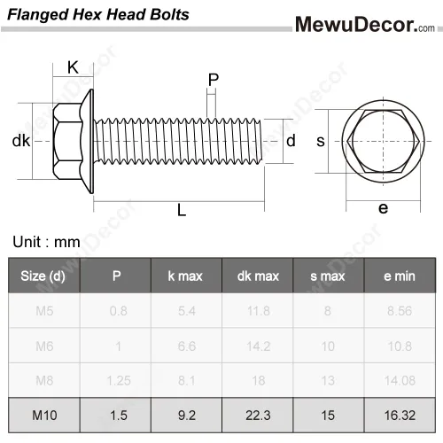 Vista 2 de Tornillos hexagonales con brida M10-0.059 x 1.181 in Brida Tornillos hexagonales, acero inoxidable 18-8 (304), acabado liso, DIN 6921, 5 PCS