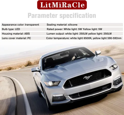 Vista 6 de Conjunto de luz de señal de giro secuencial LED DRL para Ford Mustang 2015 2016 2017 EE. UU., Luz de marcha blanca con lente transparente