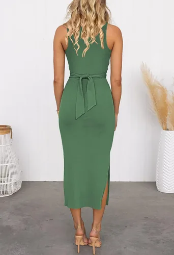 Vista 4 de HUUSA Vestido sexy sin mangas para mujer, ajustado, ajustado, cuello redondo, entrecruzado, fruncido, con abertura, de punto acanalado, vestido midi