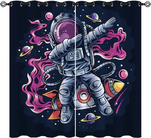 Vista 15 de Cortinas opacas con diseño de cohetes de dibujos animados para niñas y niños, decoración del hogar, aventura en el espacio, galaxia, planetas, azul