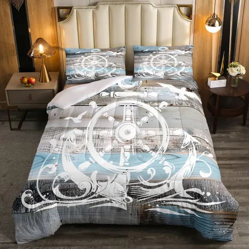 Vista 6 de Erosebridal Juego de edredón de ancla náutica, juego de ropa de cama con brújula oceánica, tamaño individual para niños, adolescentes y adultos