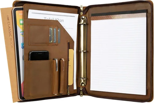 Vista 12 de Carpeta y organizador de cuero genuino, carpeta de cuero vintage de 3 anillos, padfolio personalizado para hombres de negocios, blocs legales