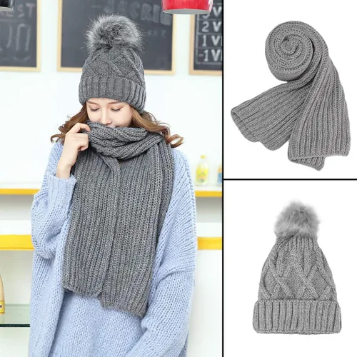 Vista 2 de KRATARC Conjunto de gorro de punto para mujer de forro polar con pompones