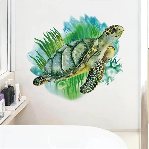 Vista 4 de Pegatinas de pared de tortuga marina verde calcomanías de pared de algas marinas Vinilo extraíble para sala de estar, dormitorio, baño, sofá, TV