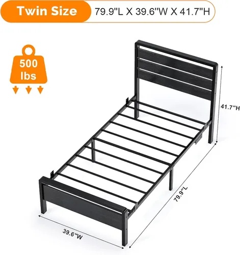 Vista 2 de VINGLI Base de cama de plataforma individual con cabecero y estribo LED, estación de carga USB, cama de panel de metal con espacio de almacenamiento