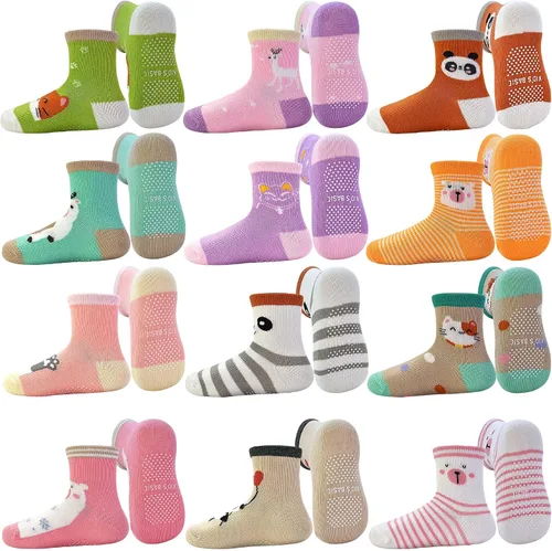 Vista 9 de Tphon - Calcetines antideslizantes para bebés y niños pequeños, 12 pares con agarre, calcetines de tripa para niños de 0 a 7 años, niños y niñas