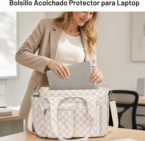 Vista 2 de TOPEAST Corduroy Tote Bag for Women, Laptop Work Tote with Cup Holder Beige-blanco.