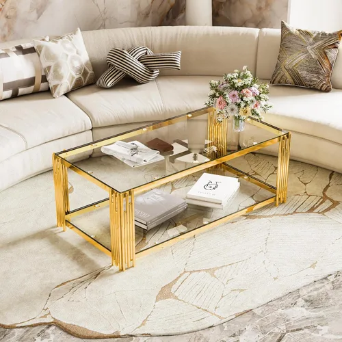 Vista 14 de Mesa de centro de cristal negro de 43 pulgadas, mesa moderna para sala de estar, acero inoxidable dorado, patas de metal, rectangular, de vidrio