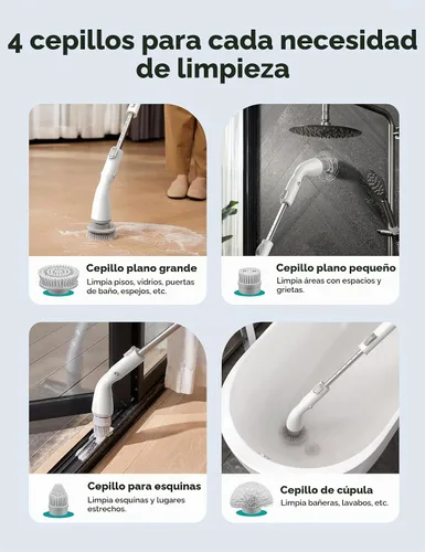 Vista 4 de HiCOZY Escobilla eléctrica giratoria HS1, cepillo de ducha inalámbrico para limpieza con 4 cabezales de cepillo reemplazables, mango de extensión