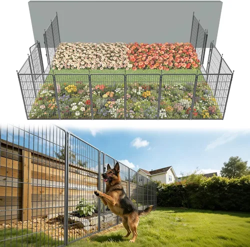 Vista 44 de FXW Valla de jardín al aire libre para el patio, 17 pulgadas de alto x 29.3 pies de largo, barrera de metal resistente para animales, para perros