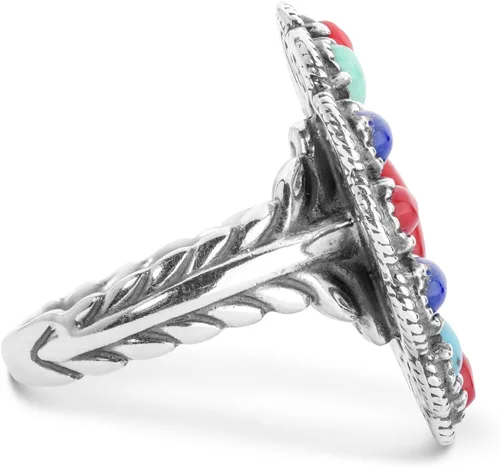 Vista 4 de Anillo de plata de ley American West con diseño de racimo de lapislázuli azul, turquesa y coral rojo, talla 5 a 10