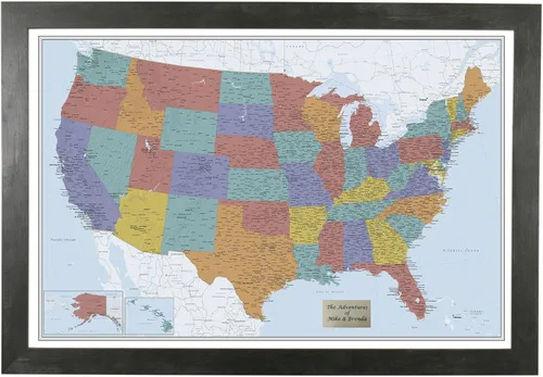 Vista 18 de Push Pin Travel Maps Lienzo personalizado Blue Oceans USA con marco gris de madera de granero