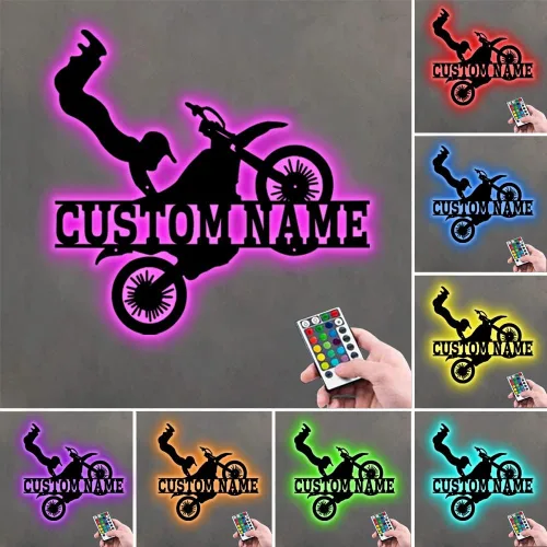 Vista 8 de Arte de pared de metal personalizado para motocross con luz LED, luz nocturna personalizada con nombre de motocross, decoración de lámpara de neón