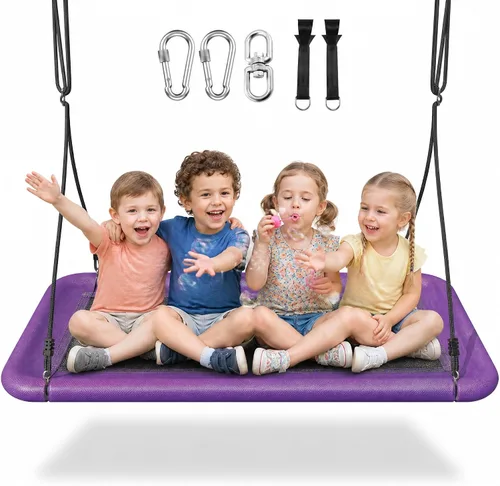 Vista 9 de Everyfun Columpio de árbol para niños y adultos, columpio de plataforma rectangular impermeable de 60 pulgadas, 700 libras resistente con correas