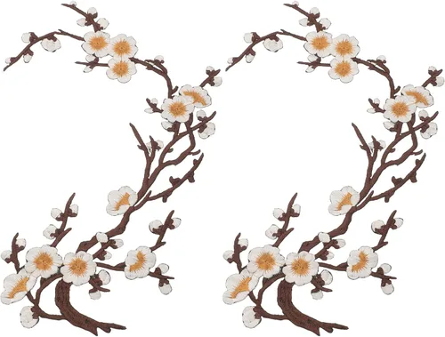 Vista 21 de MECCANIXITY 2 piezas de parches termoadhesivos de flor de ciruelo, apliques de bordado de flores para coser, apliques de decoración para agujeros