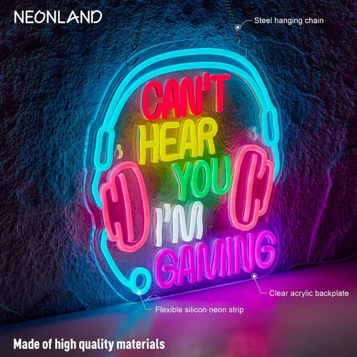 Vista 2 de Letrero de neón para juegos Can't Hear You I'm Gaming Headset Gamer Luz LED brillante alimentada por USB Letrero luminoso de auriculares Letreros